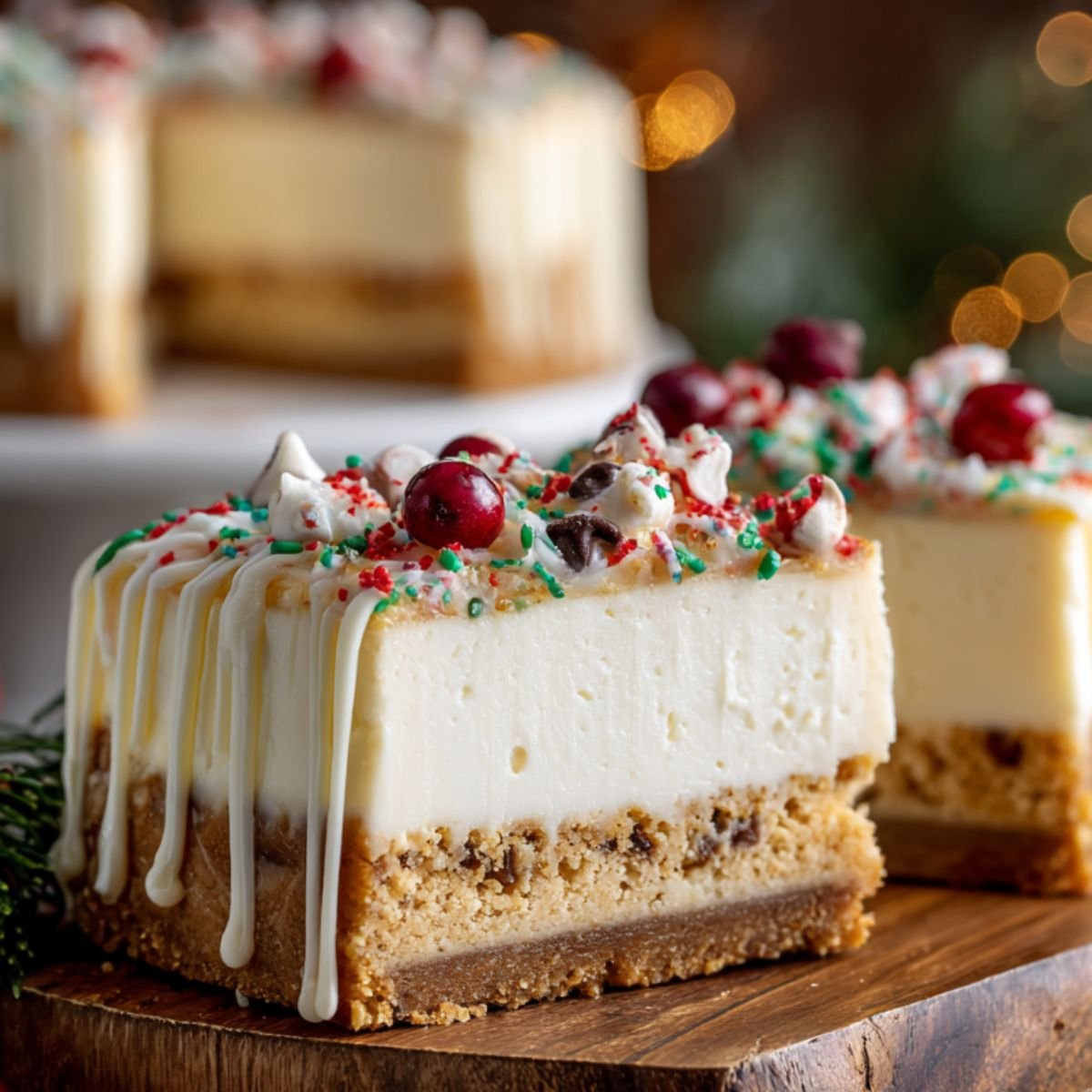 Sugar cookie cheesecake with sugar cookie crust, cream cheese filling and festive sprinkles. Impressive Christmas dessert ready in 60 minutes for holiday celebrations.