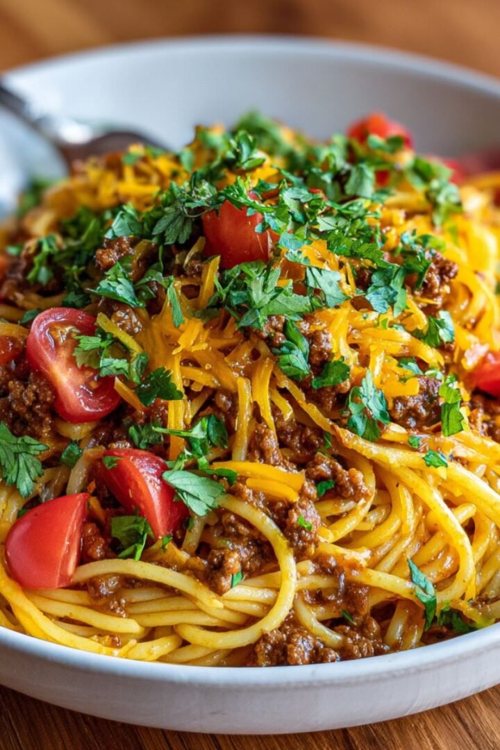 Taco spaghetti with seasoned ground beef, melted cheddar cheese, diced tomatoes and fresh cilantro. Easy Tex Mex pasta dinner ready in 30 minutes for families.