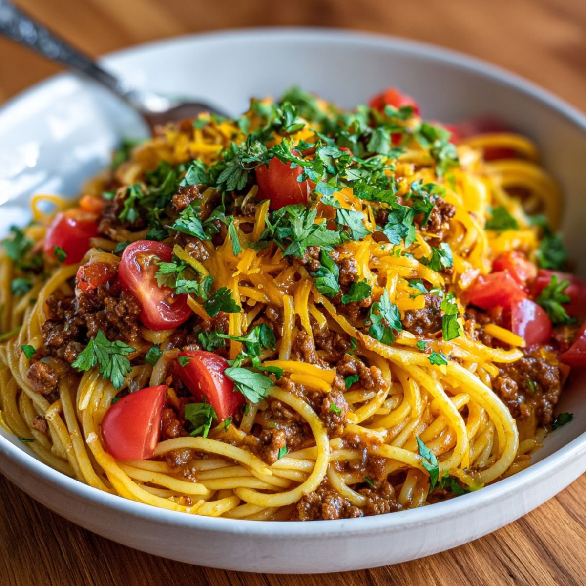 Taco spaghetti with seasoned ground beef, melted cheddar cheese, diced tomatoes and fresh cilantro. Easy Tex Mex pasta dinner ready in 30 minutes for families.