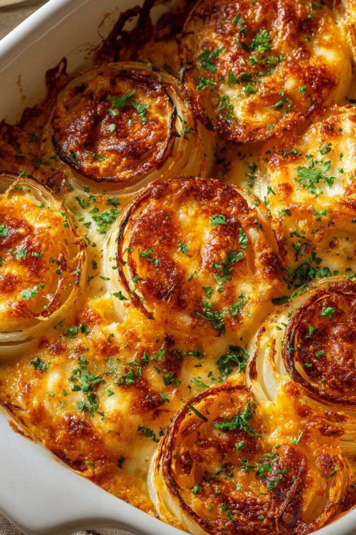 ennessee onions recipe with sweet onion rings topped with butter and melted cheese baked golden. Easy southern side dish ready in 45 minutes for holidays and dinners.