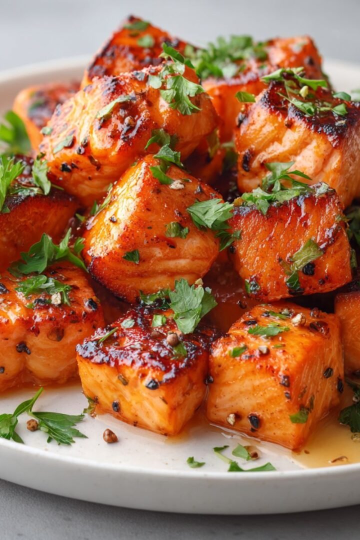 Bang bang salmon bites with crispy edges and creamy sweet chili sauce garnished with fresh parsley. Quick 20 minute air fryer dinner.