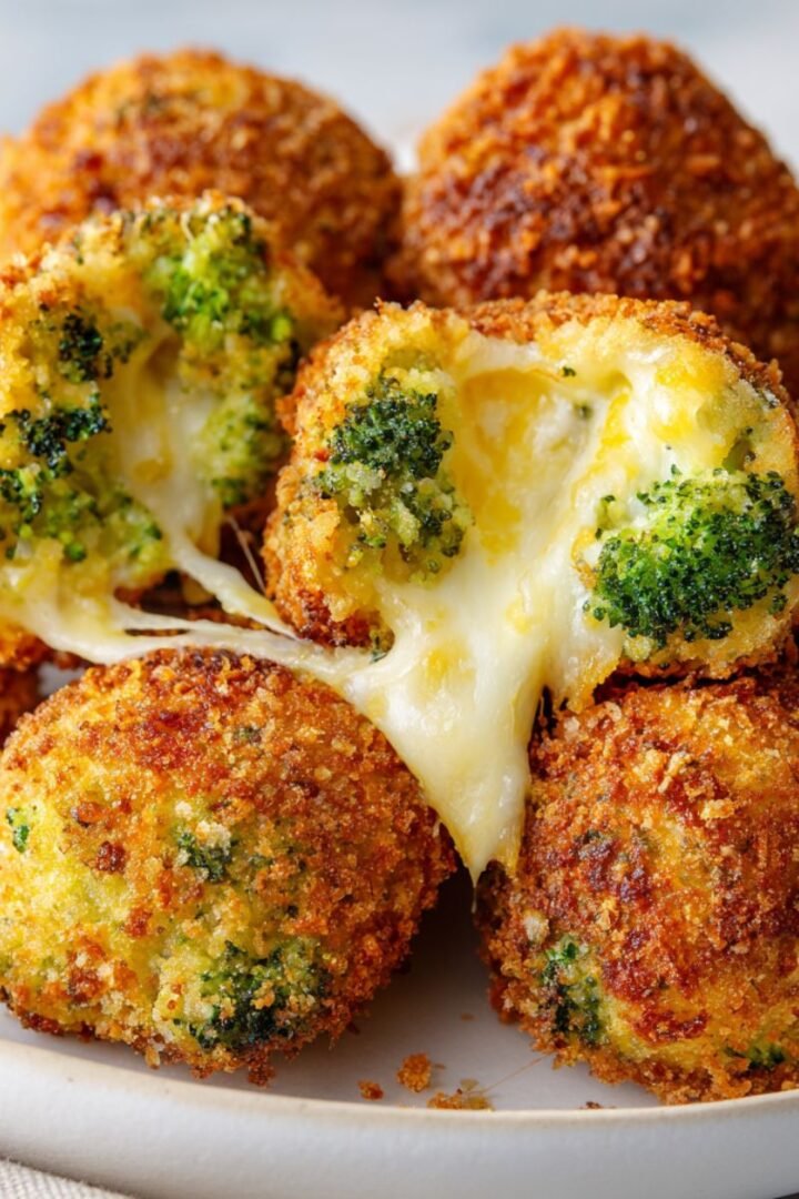 Crispy golden broccoli cheese bites with melted cheddar center and visible green broccoli florets on dark surface