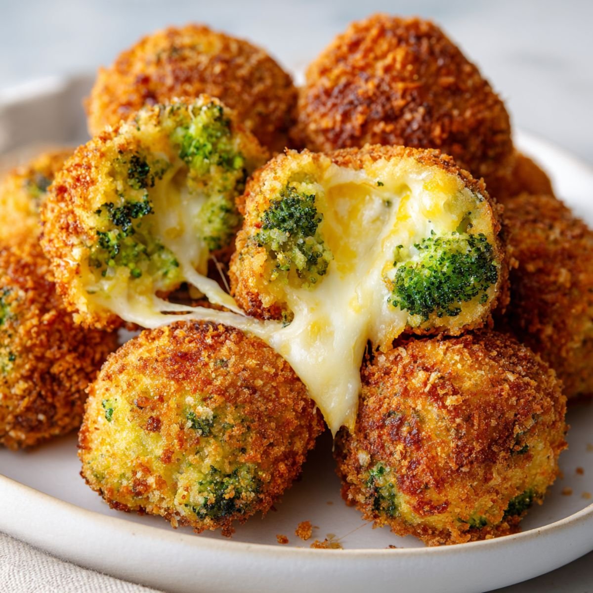 Crispy golden broccoli cheese bites with melted cheddar center and visible green broccoli florets on dark surface