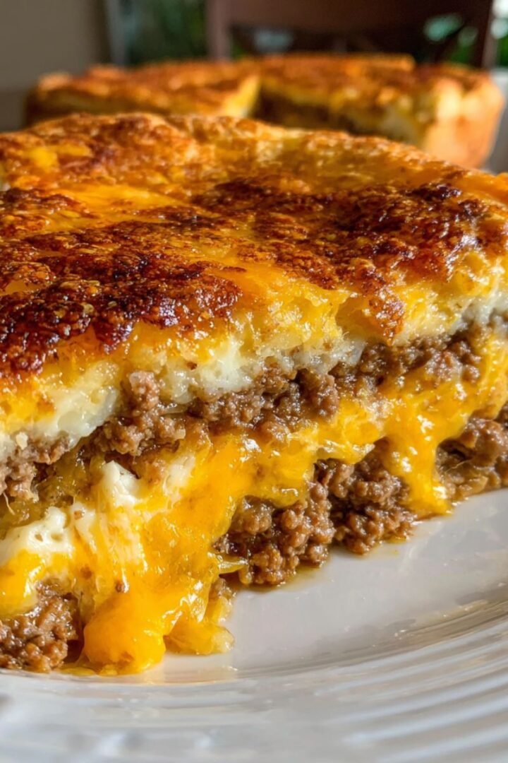 Cheeseburger pie with golden crust and melted cheese layer. Impossible 45 minute retro dinner with ground beef and self forming crust.
