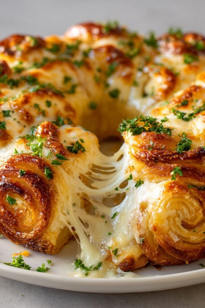 Cheesy garlic cruffin showing flaky golden pastry layers with dramatic melted cheese pull. Perfect appetizer ready in 35 minutes for parties.