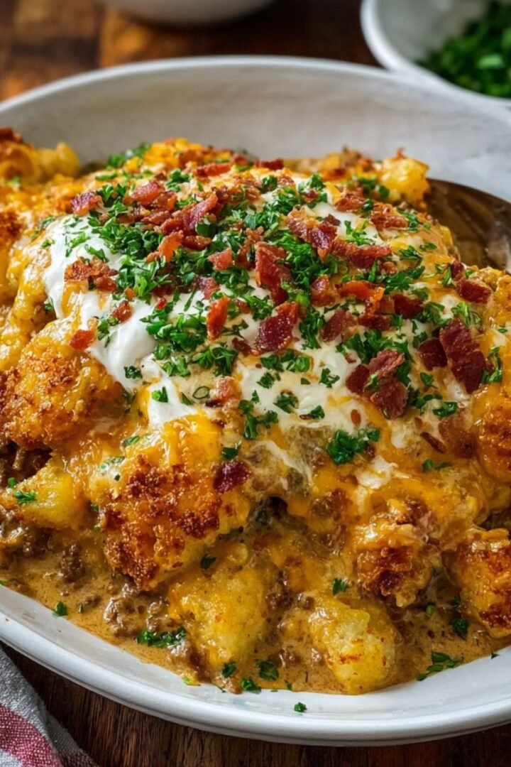 Cowboy casserole recipe with crispy tater tots, melted cheese and bacon. Hearty 50 minute family dinner casserole with layers.