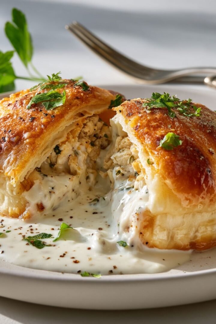 Golden 40 minute creamy chicken pillows with rich parmesan cream sauce drizzled on top garnished with fresh parsley and black pepper