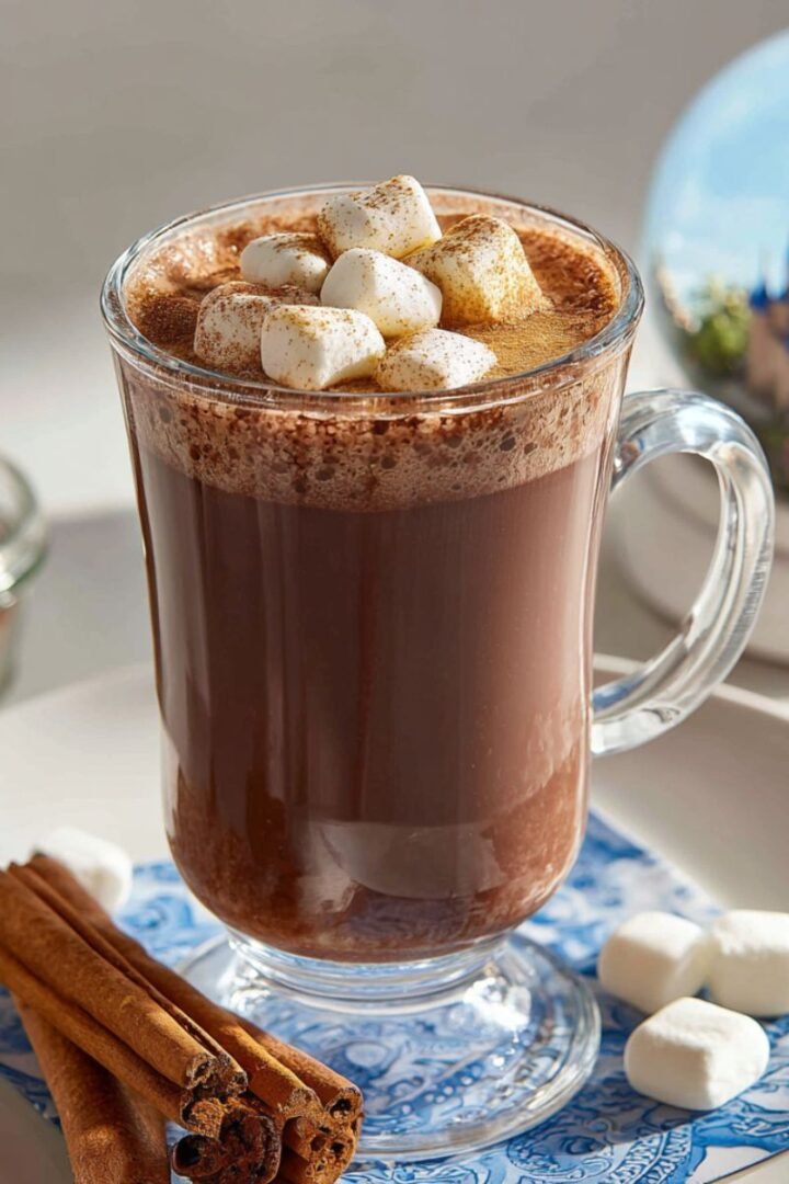Magical 10 minute Disneyland hot chocolate in clear glass mug with mini marshmallows and cocoa powder dusting