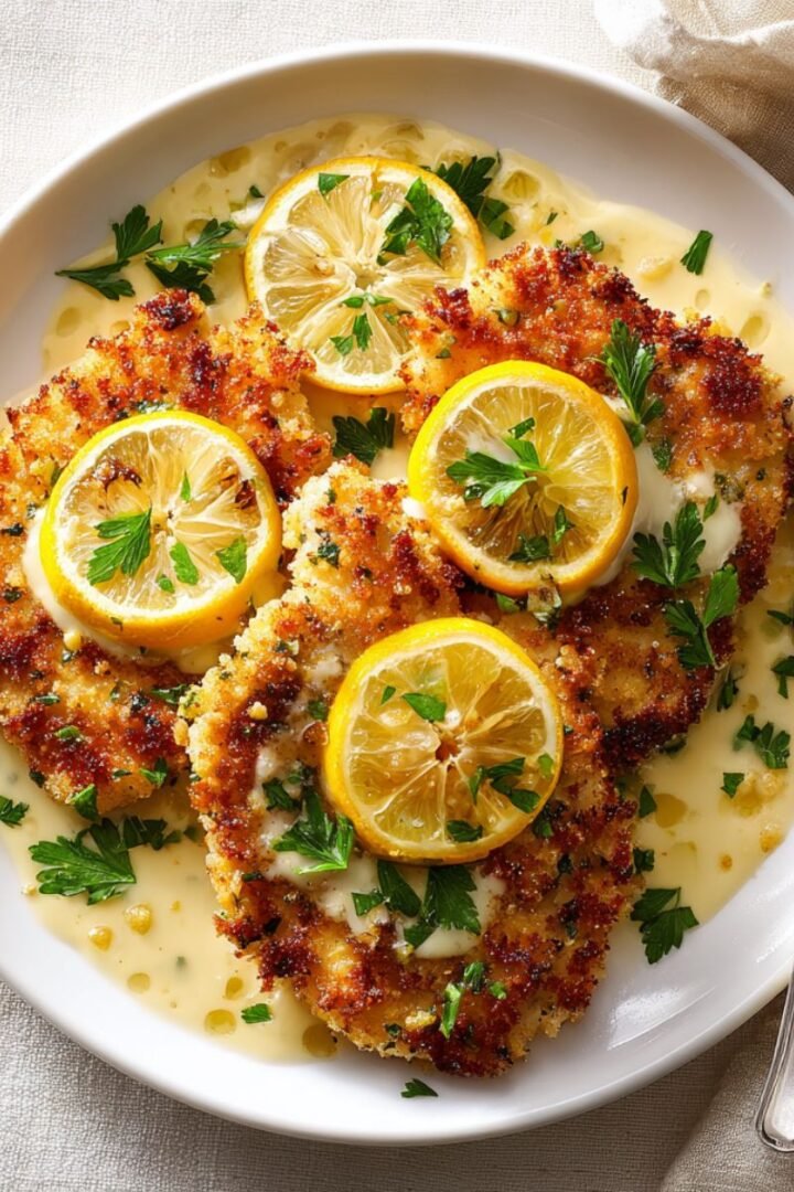 Golden 30 minute lemon chicken romano with crispy breaded chicken cutlets topped with fresh lemon slices and creamy romano cheese sauce garnished with parsley