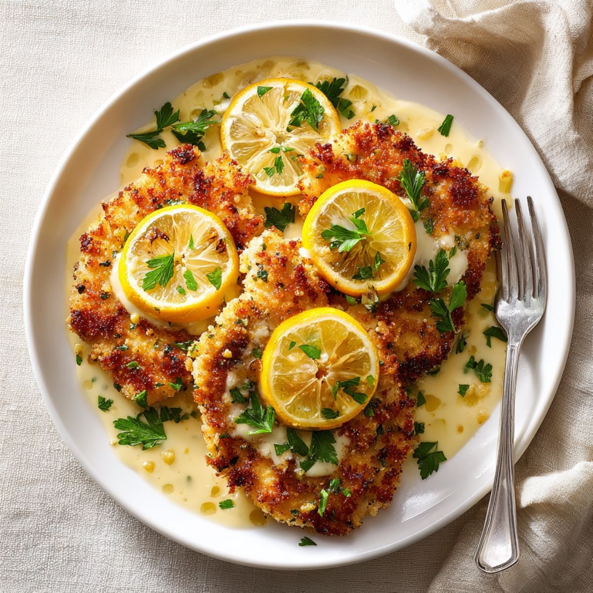 Golden 30 minute lemon chicken romano with crispy breaded chicken cutlets topped with fresh lemon slices and creamy romano cheese sauce garnished with parsley