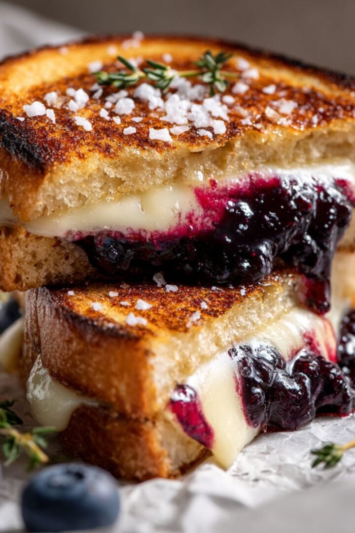 Golden gourmet grilled cheese with melted brie, blueberry compote, fresh thyme, and flaky sea salt cut in half showing stretchy cheese