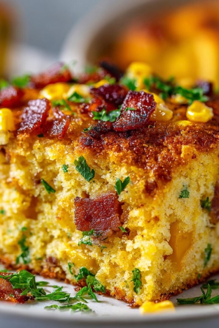 Golden loaded cornbread casserole slice with visible bacon, corn kernels, and fresh parsley on top