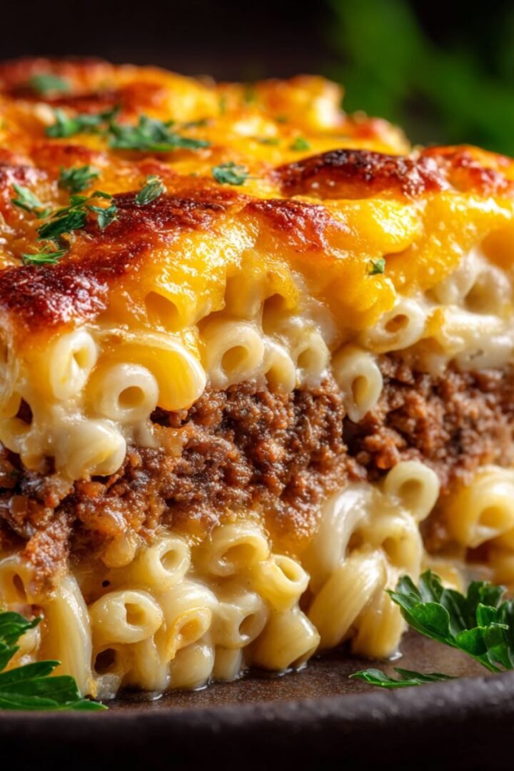 Layered mac and cheese meatloaf casserole slice showing seasoned beef base, creamy macaroni middle, and golden bubbly cheese top