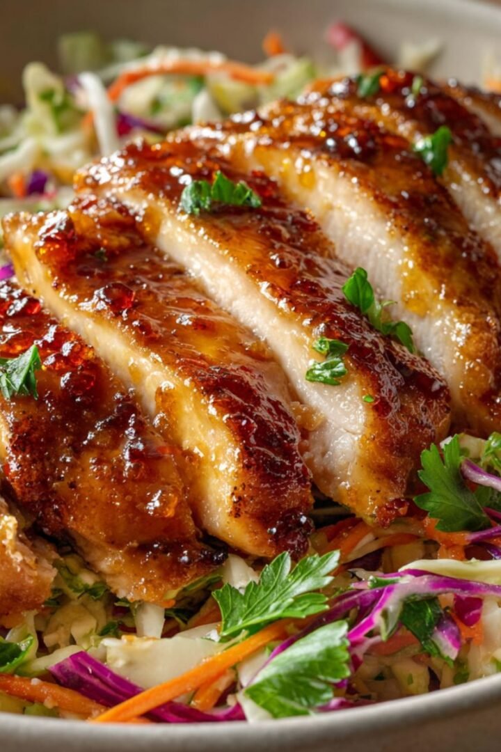 Sliced apple cider chicken with sticky caramelized glaze over colorful autumn slaw with cabbage, carrots, and apples