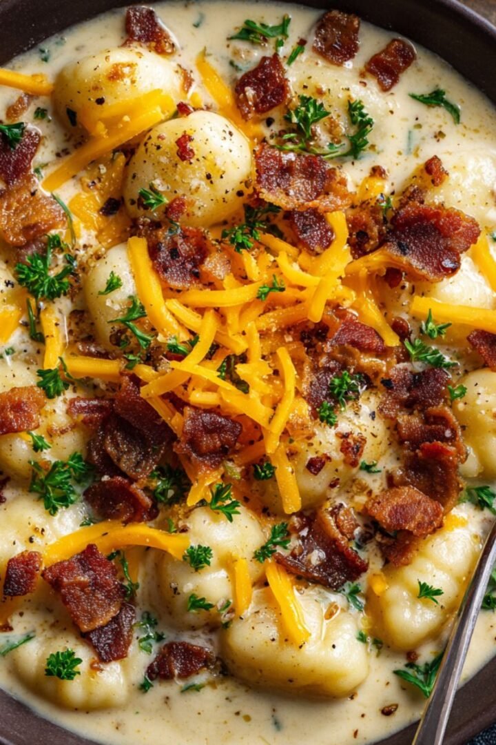 Creamy bacon cheddar gnocchi soup in dark bowl with pillowy gnocchi, crispy bacon, melted cheese, and fresh parsley