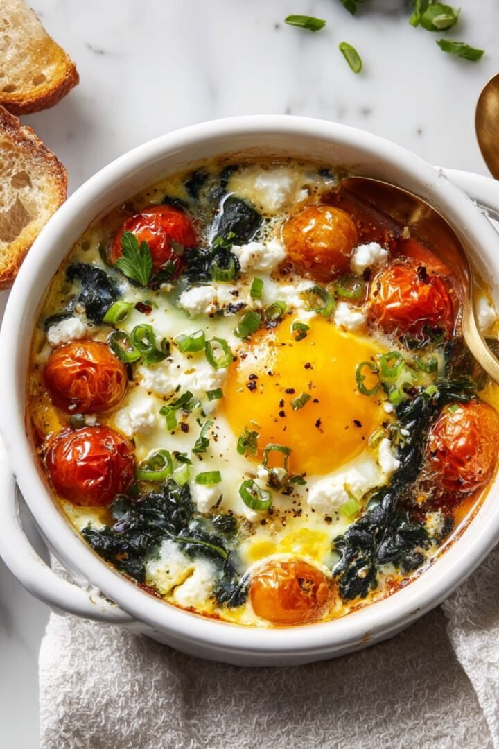Mediterranean 25 minute baked feta eggs in white ramekin with runny yolk, spinach, cherry tomatoes, and fresh herbs