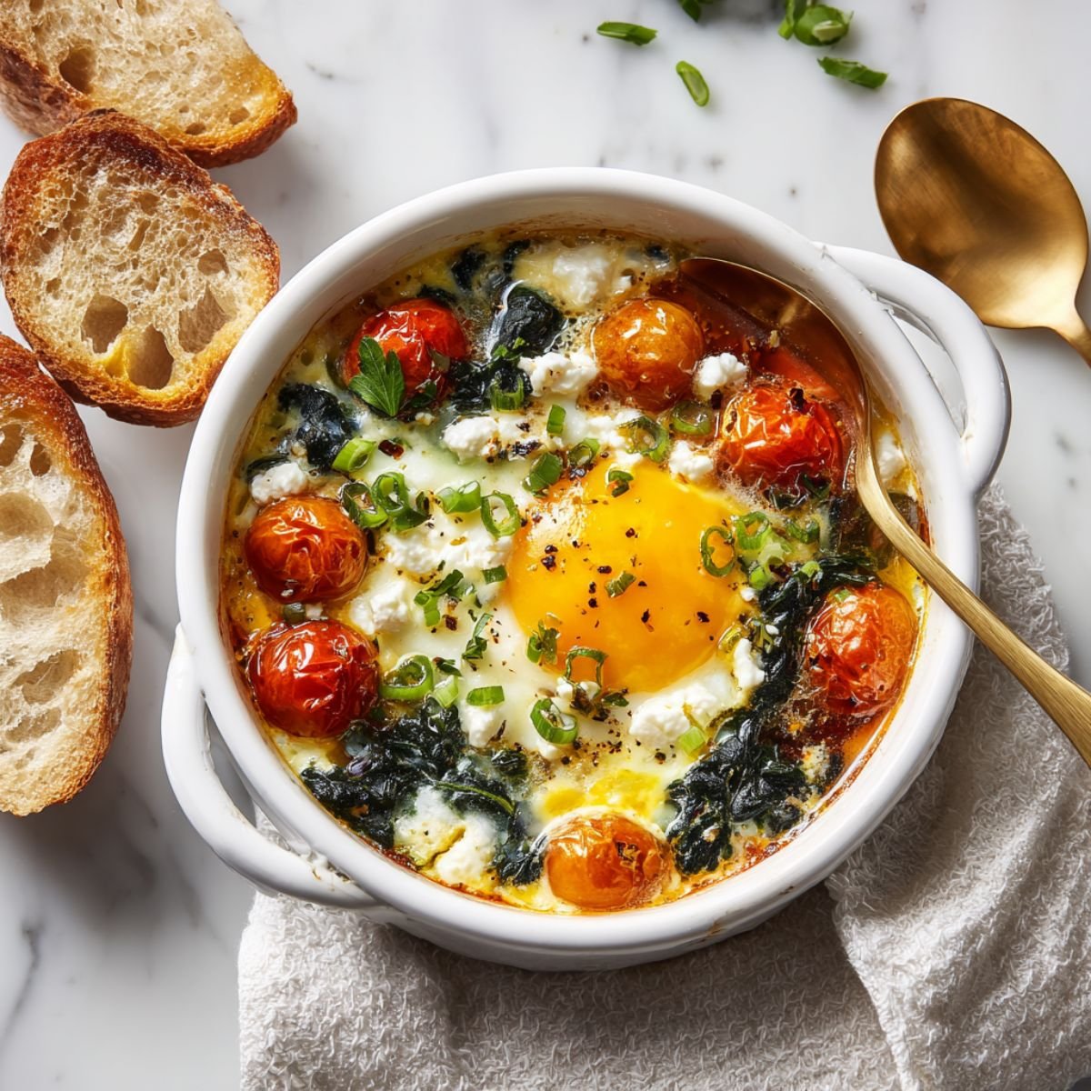 Mediterranean 25 minute baked feta eggs in white ramekin with runny yolk, spinach, cherry tomatoes, and fresh herbs