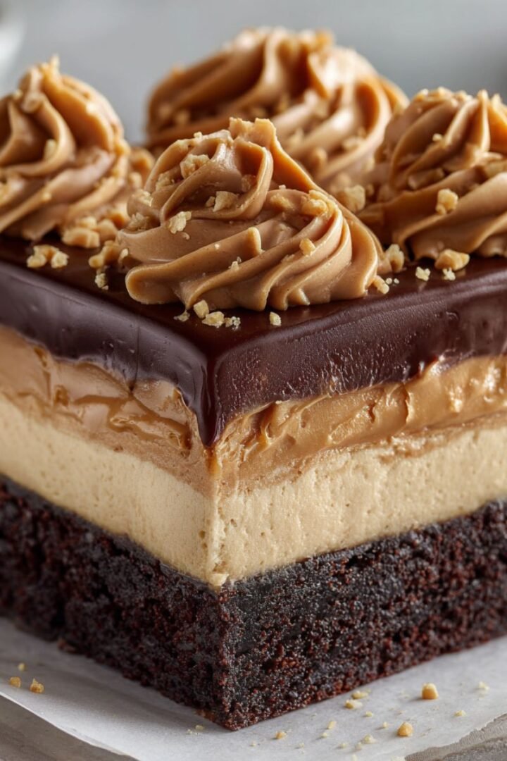Chocolate peanut butter poke cake with layered pudding filling and ganache. Decadent 4 hour celebration cake with peanut butter frosting.