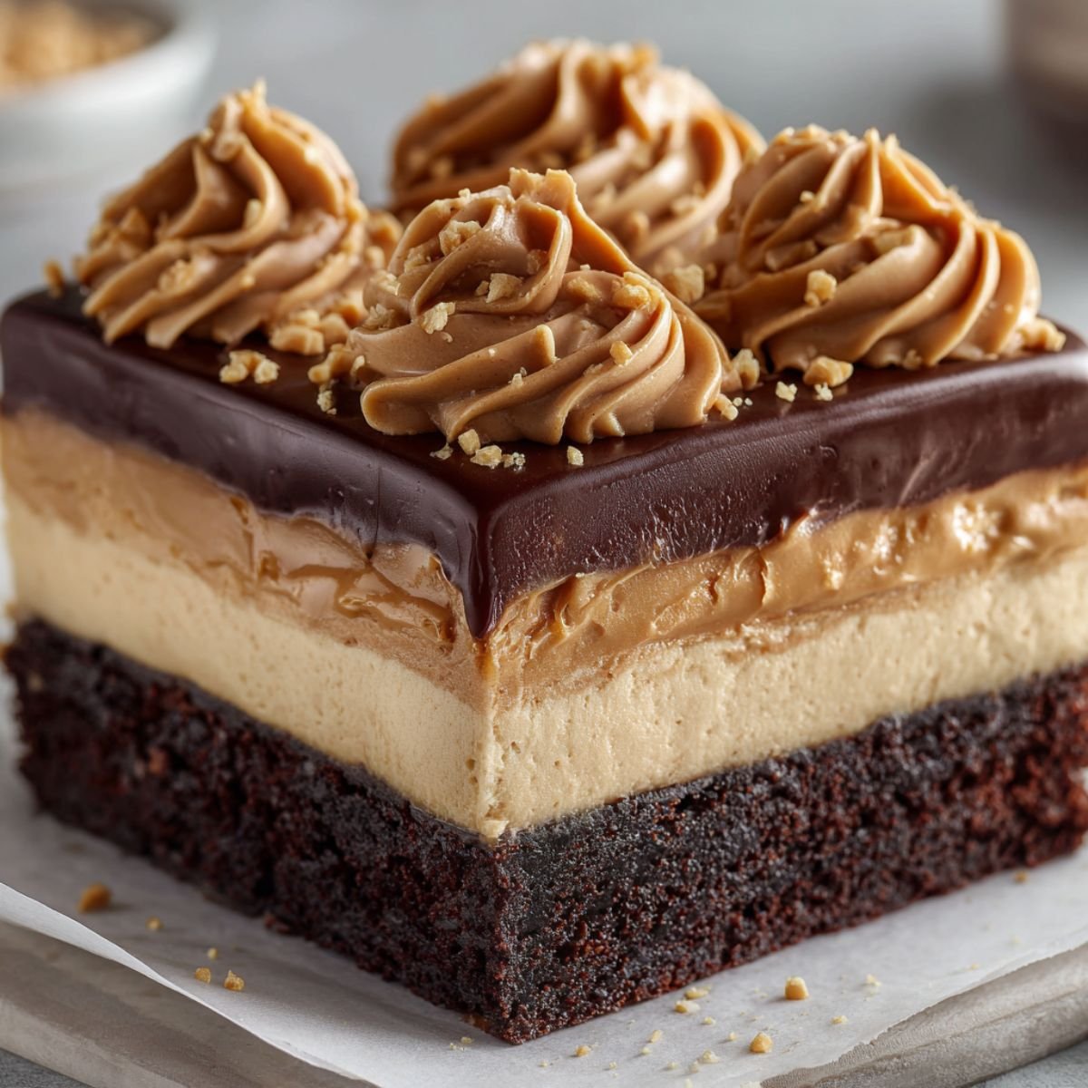 Chocolate peanut butter poke cake with layered pudding filling and ganache. Decadent 4 hour celebration cake with peanut butter frosting.