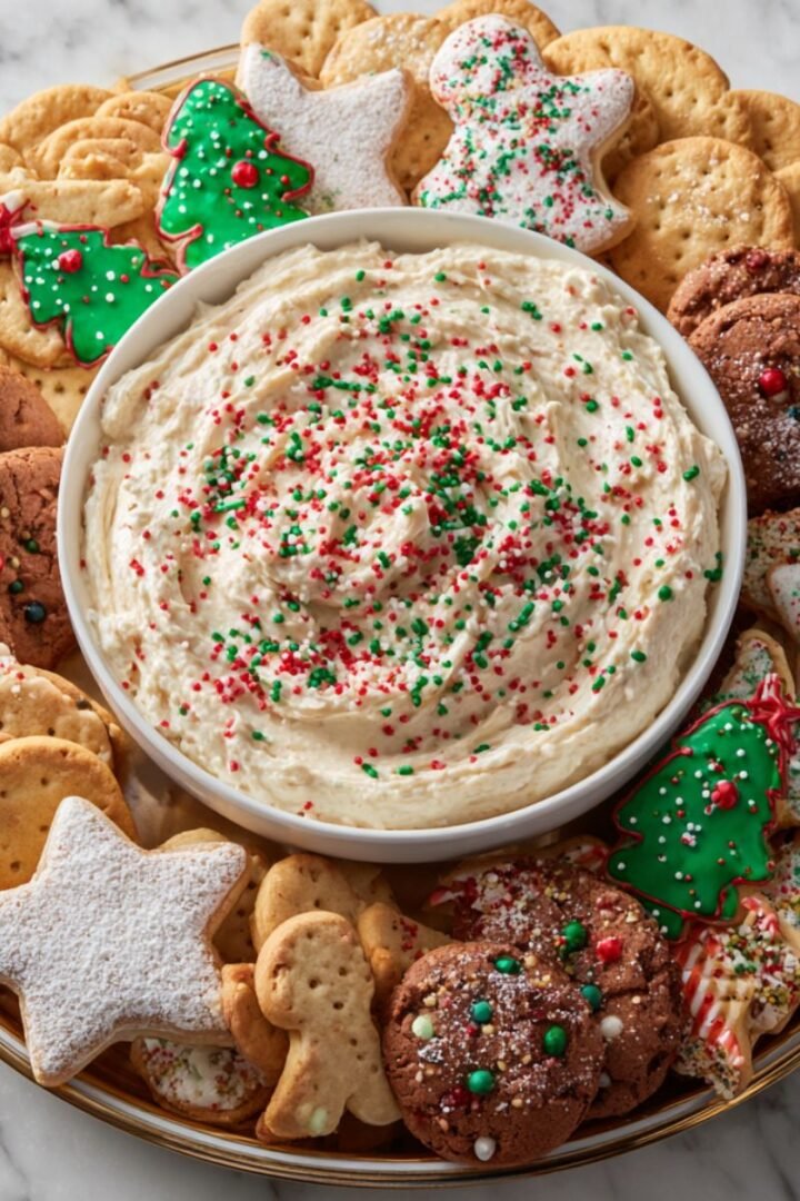 Festive 10 minute Christmas cookie dip in white bowl surrounded by decorated holiday cookies on round platter with sprinkles