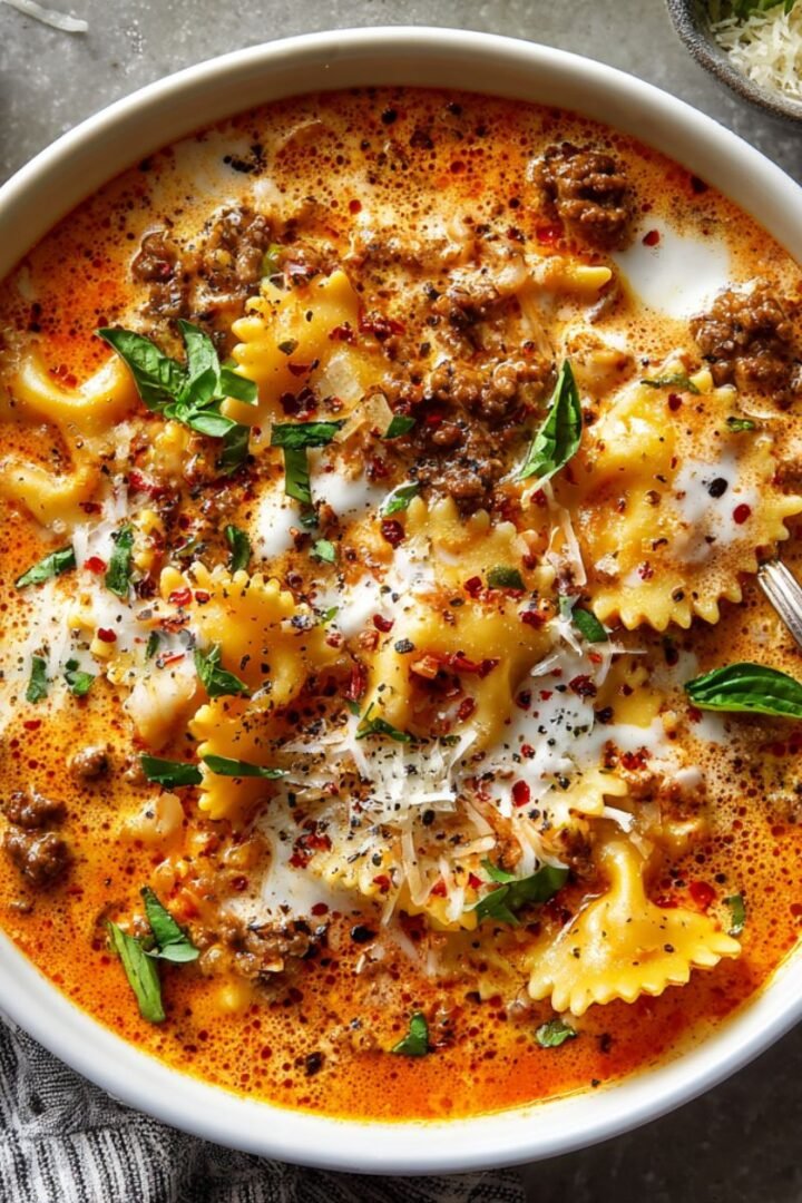 Rich 40 minute creamy lasagna soup with ruffled lasagna noodles floating in rich creamy tomato broth with ground beef topped with melted mozzarella fresh basil and Parmesan cheese