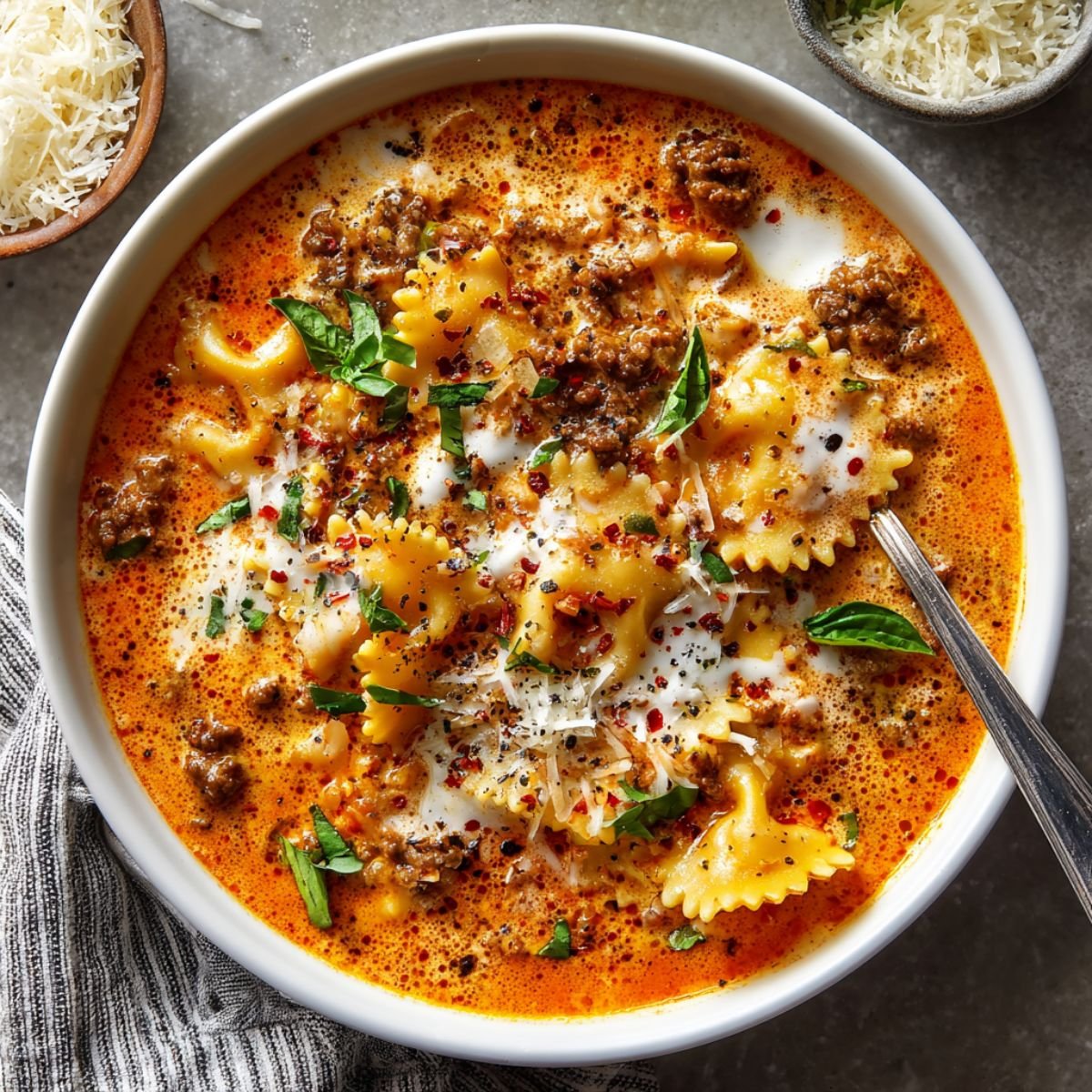 Rich 40 minute creamy lasagna soup with ruffled lasagna noodles floating in rich creamy tomato broth with ground beef topped with melted mozzarella fresh basil and Parmesan cheese
