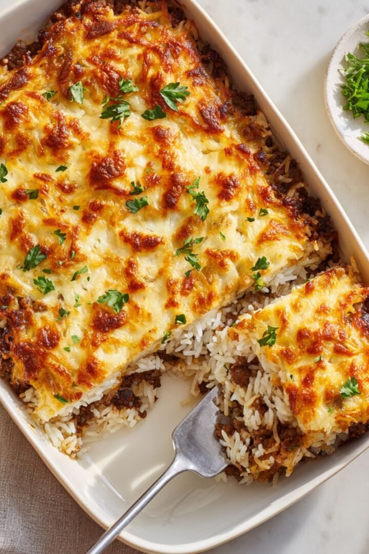 Golden 55 minute French onion ground beef and rice casserole with distinct layers of fluffy white rice savory caramelized beef and melted golden cheese topped with fresh parsley