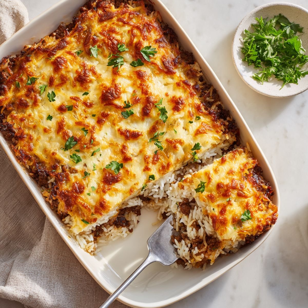 Golden 55 minute French onion ground beef and rice casserole with distinct layers of fluffy white rice savory caramelized beef and melted golden cheese topped with fresh parsley