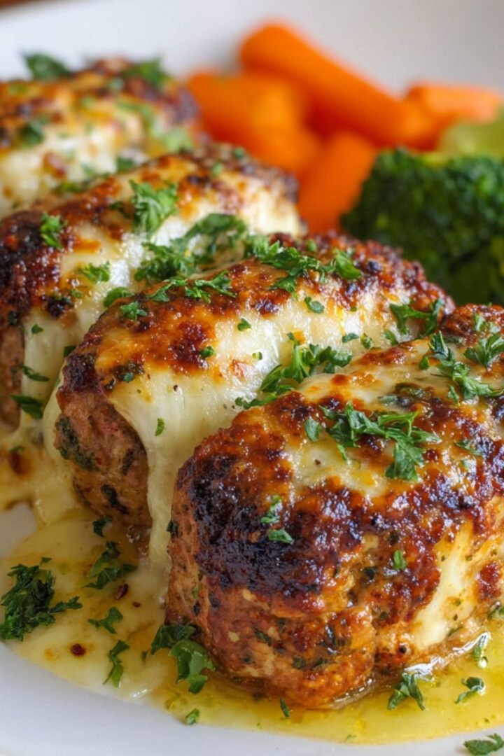 Garlic parmesan chicken meatloaf topped with melted mozzarella and fresh parsley served with vegetables. Tender baked chicken dinner ready in 40 minutes.