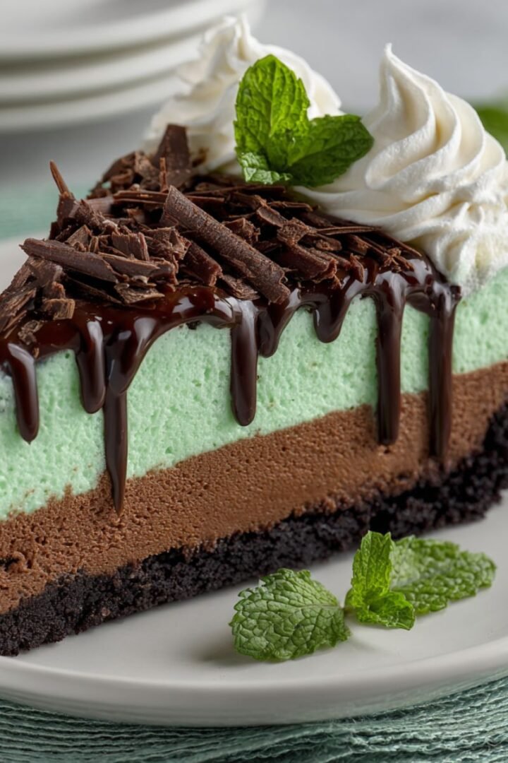 Layered 65 minute mint chocolate cheesecake slice showing three distinct layers - dark chocolate Oreo crust, rich chocolate cheesecake middle, and bright mint green top layer with chocolate ganache drizzle and whipped cream