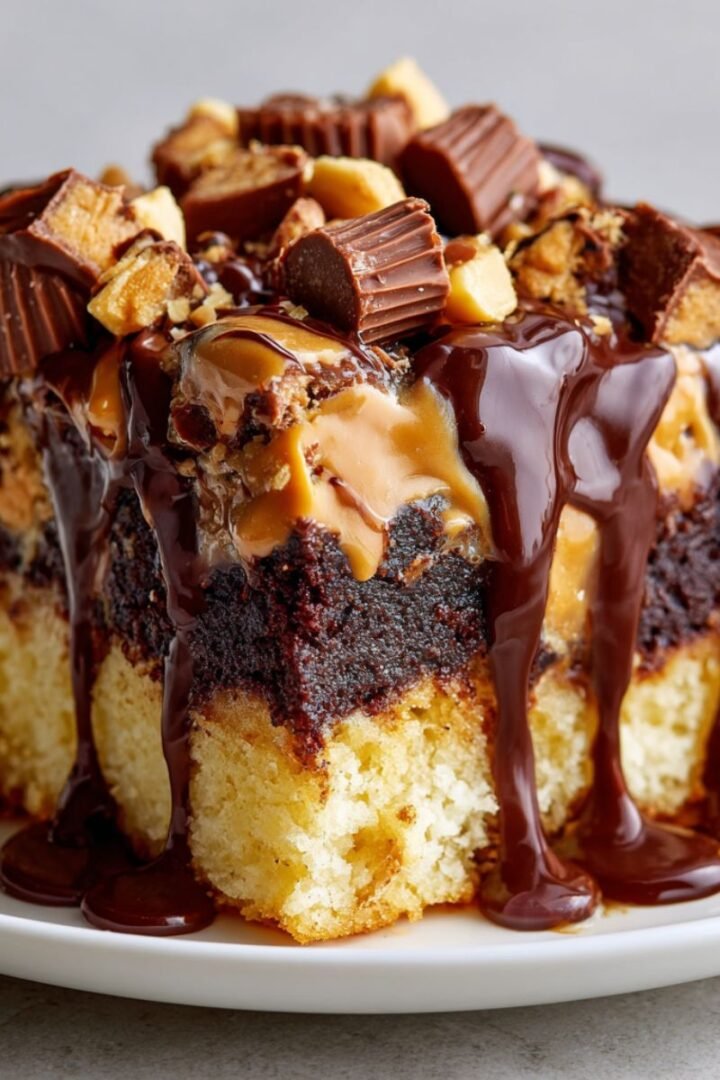 Peanut butter cup dump cake with chocolate layers and drizzle. Gooey 60 minute easy dump cake with peanut butter cups.