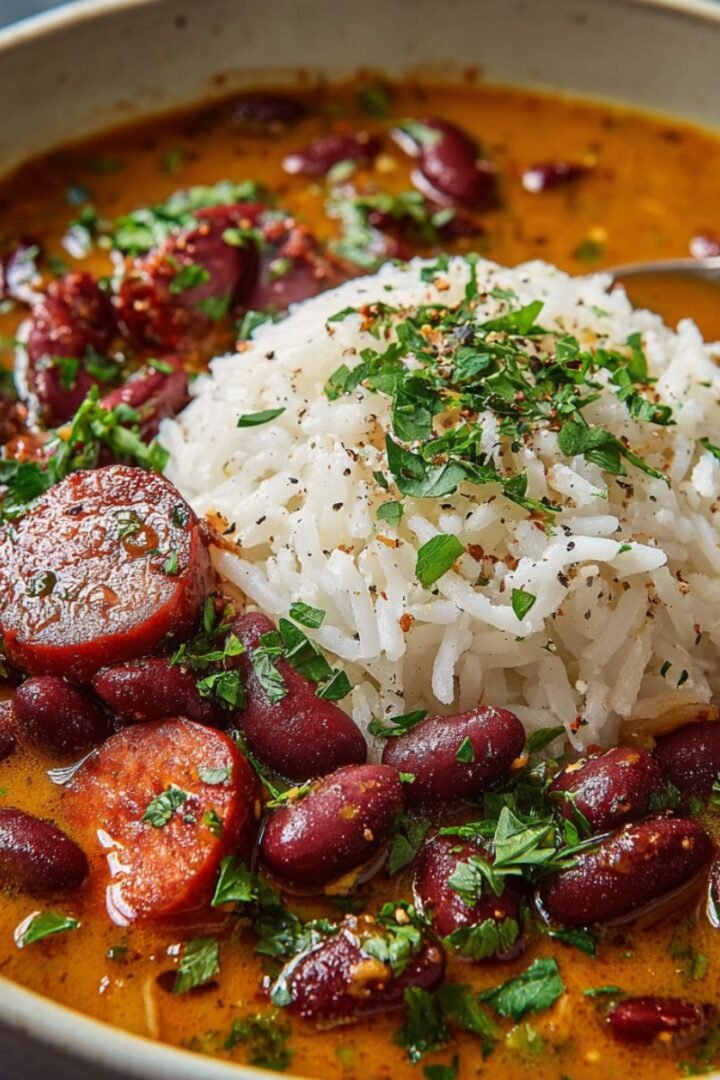 Popeyes red beans and rice recipe with andouille sausage and white rice in bowl. Creamy 60 minute Louisiana comfort food dinner.