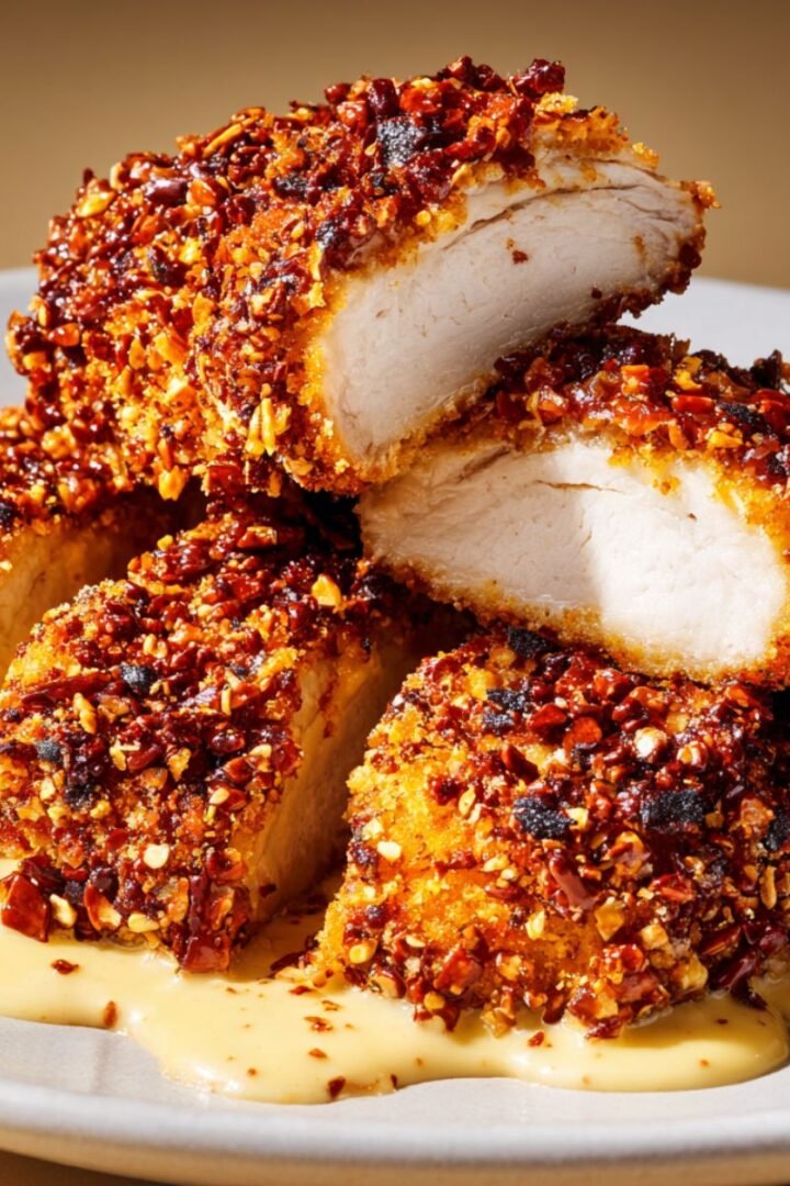 Pretzel crusted chicken with crunchy golden coating and honey mustard sauce. Crispy 30 minute baked chicken dinner for families.