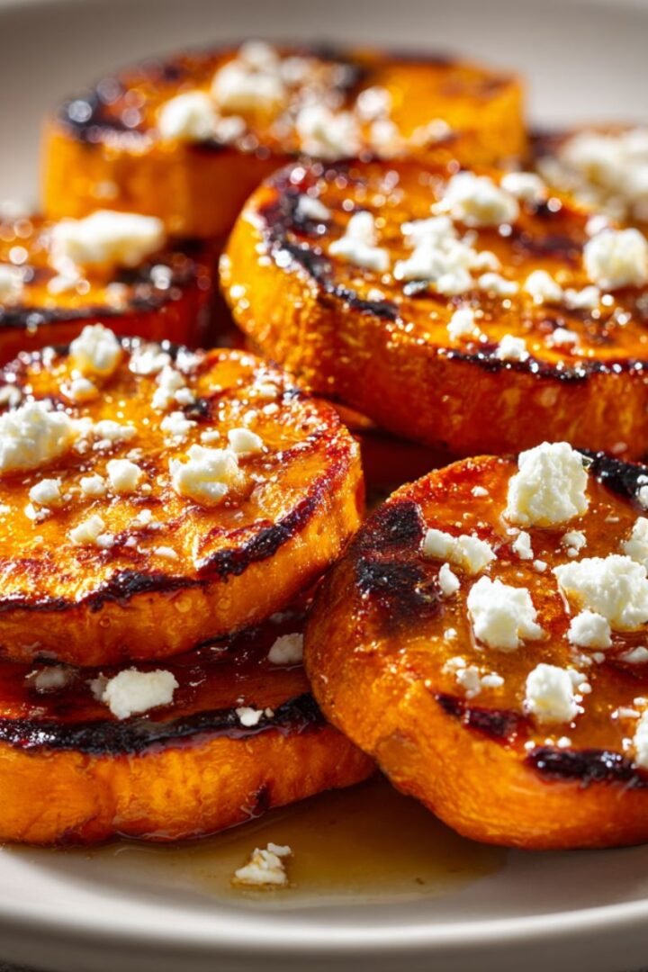 Roasted sweet potato rounds with honey and feta cheese and fresh parsley. Golden 40 minute Mediterranean side dish with caramelized edges.
