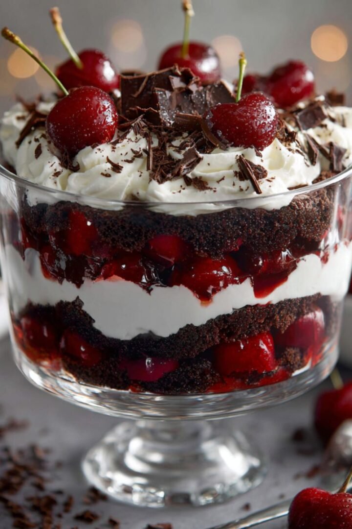 Layered 30 minute black forest trifle with chocolate cake cherry filling whipped cream and chocolate shavings