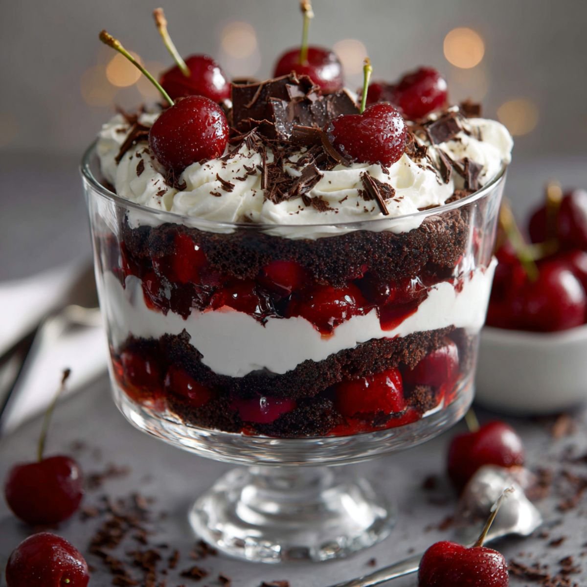 Layered 30 minute black forest trifle with chocolate cake cherry filling whipped cream and chocolate shavings