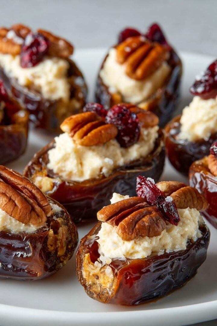 Roasted 25 minute goat cheese stuffed dates with walnuts honey and fresh rosemary on baking sheet
