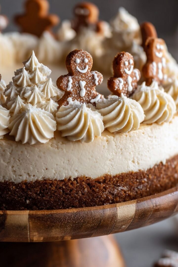 Festive 45 minute gingerbread cheesecake with whipped cream rosettes and gingerbread cookie people on wooden cake stand