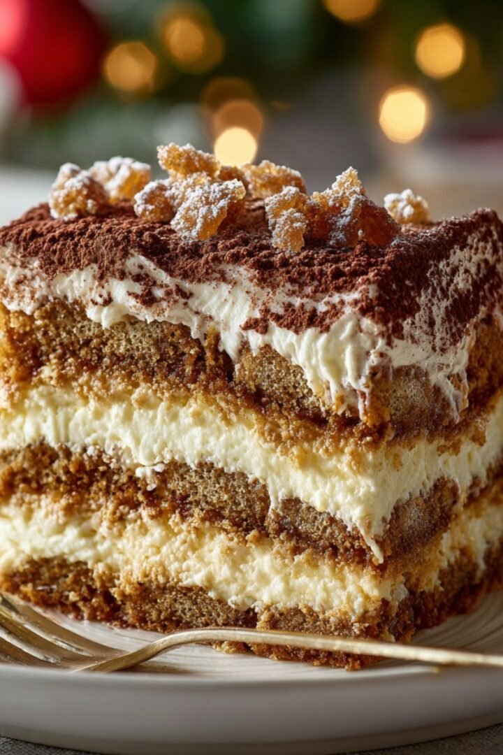 Layered 30 minute gingerbread tiramisu with gingerbread cookies mascarpone cream and cocoa dusting