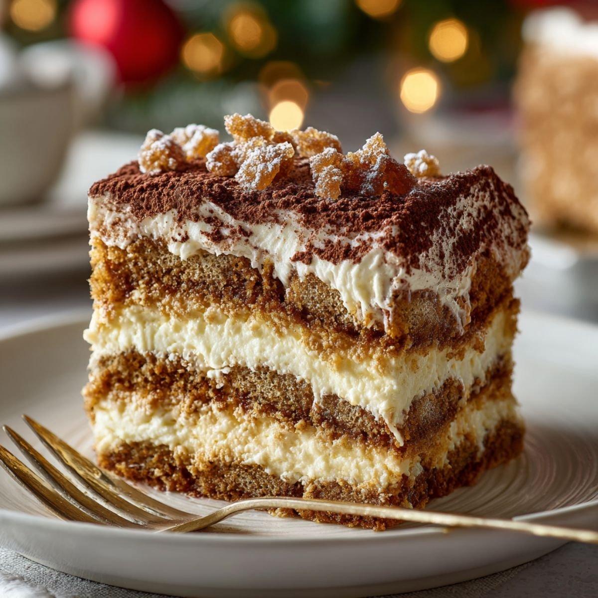 Layered 30 minute gingerbread tiramisu with gingerbread cookies mascarpone cream and cocoa dusting