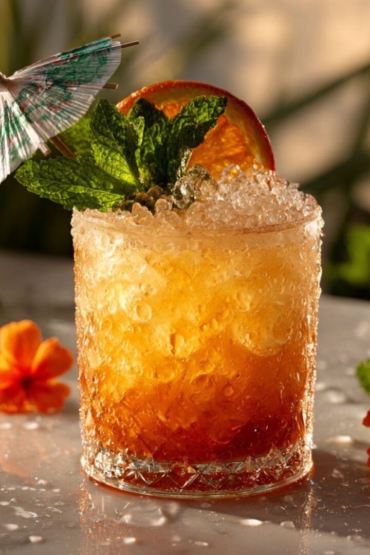Classic Mai Tai cocktail with rum layers, fresh mint, orange wheel garnish, and paper umbrella in glass with crushed ice