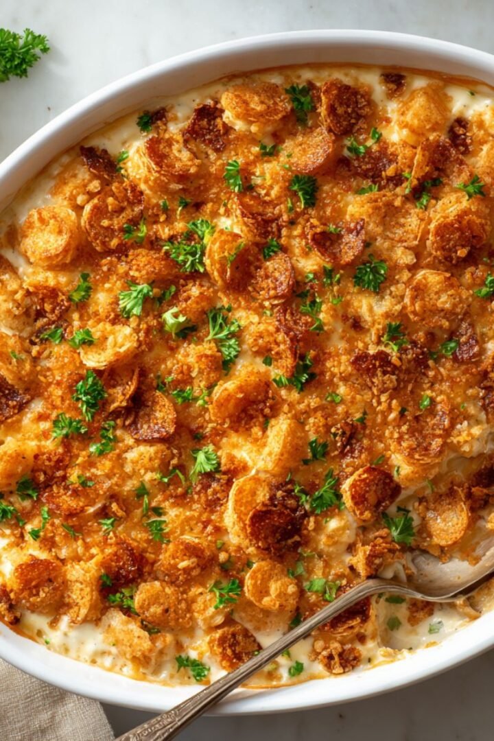 Golden 50 minute Neiman Marcus chicken casserole with buttery Ritz cracker topping and creamy chicken filling garnished with fresh parsley