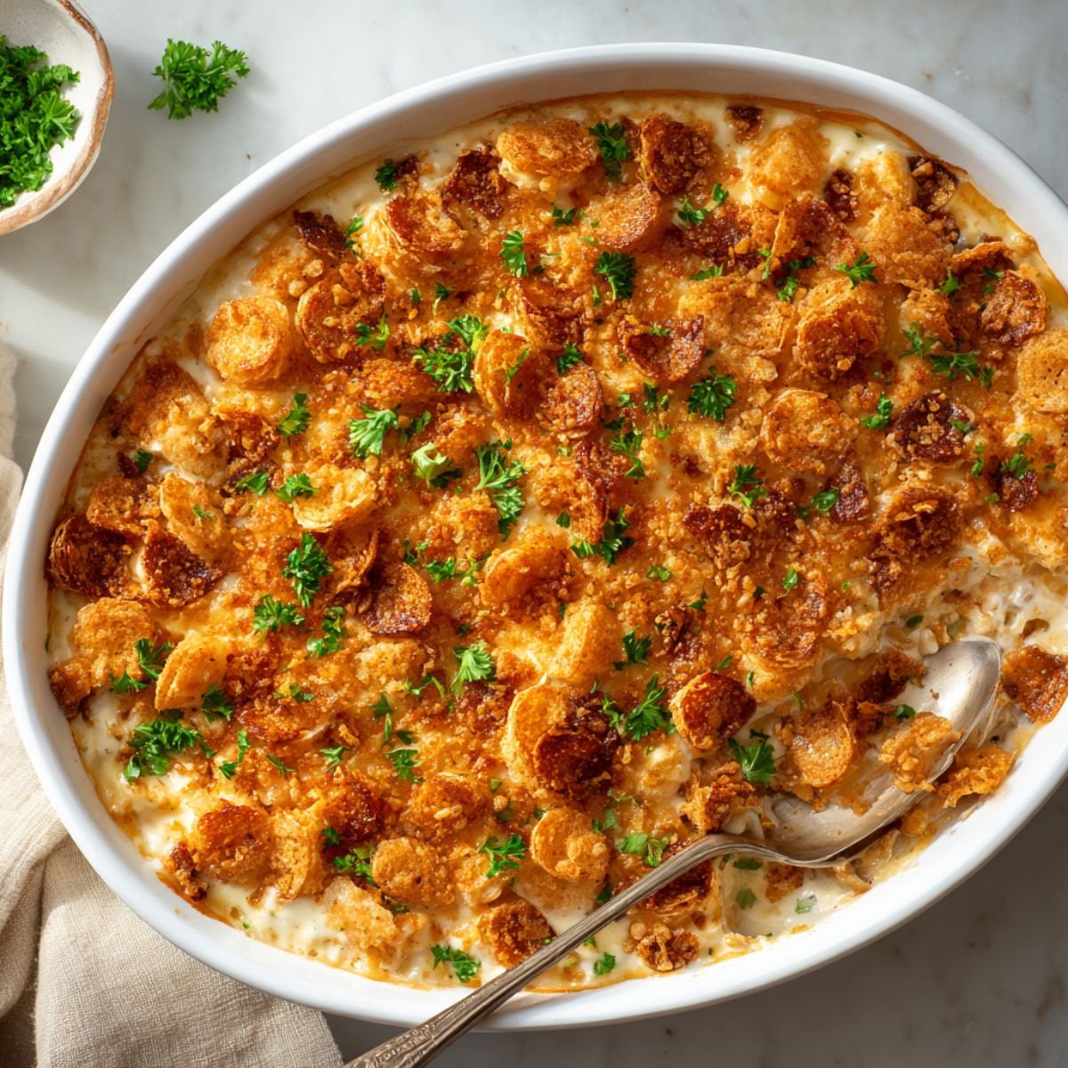 Golden 50 minute Neiman Marcus chicken casserole with buttery Ritz cracker topping and creamy chicken filling garnished with fresh parsley
