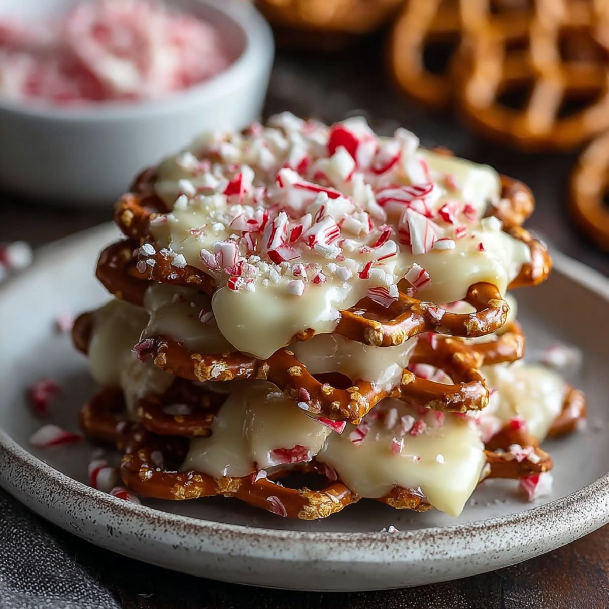 Sweet 15 minute white chocolate peppermint pretzel crisps with smooth coating and crushed candy cane