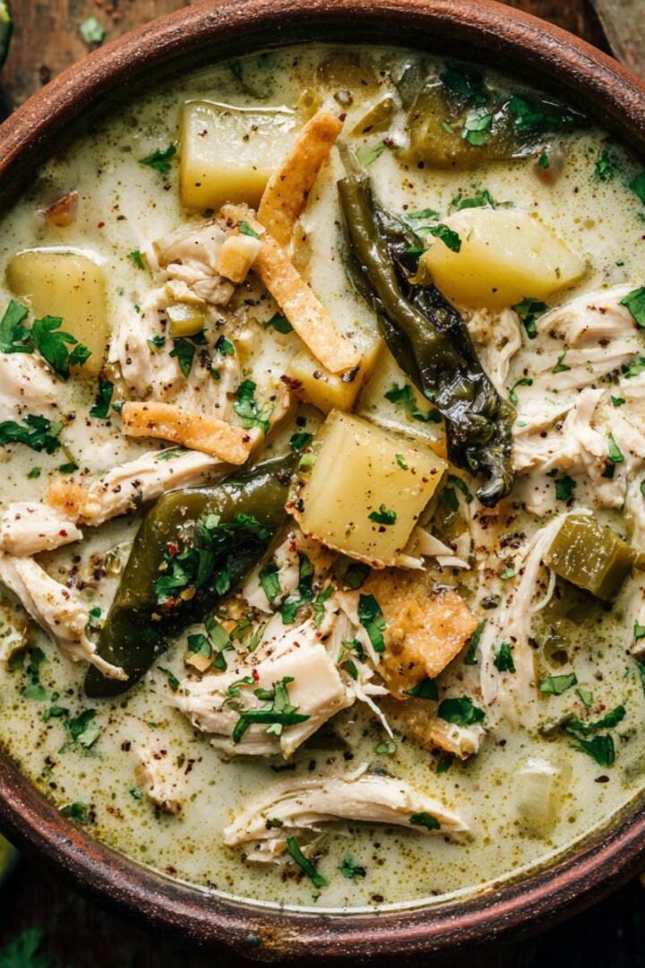 Creamy 40 minute chicken poblano soup with roasted poblanos tender chicken potatoes and fresh cilantro