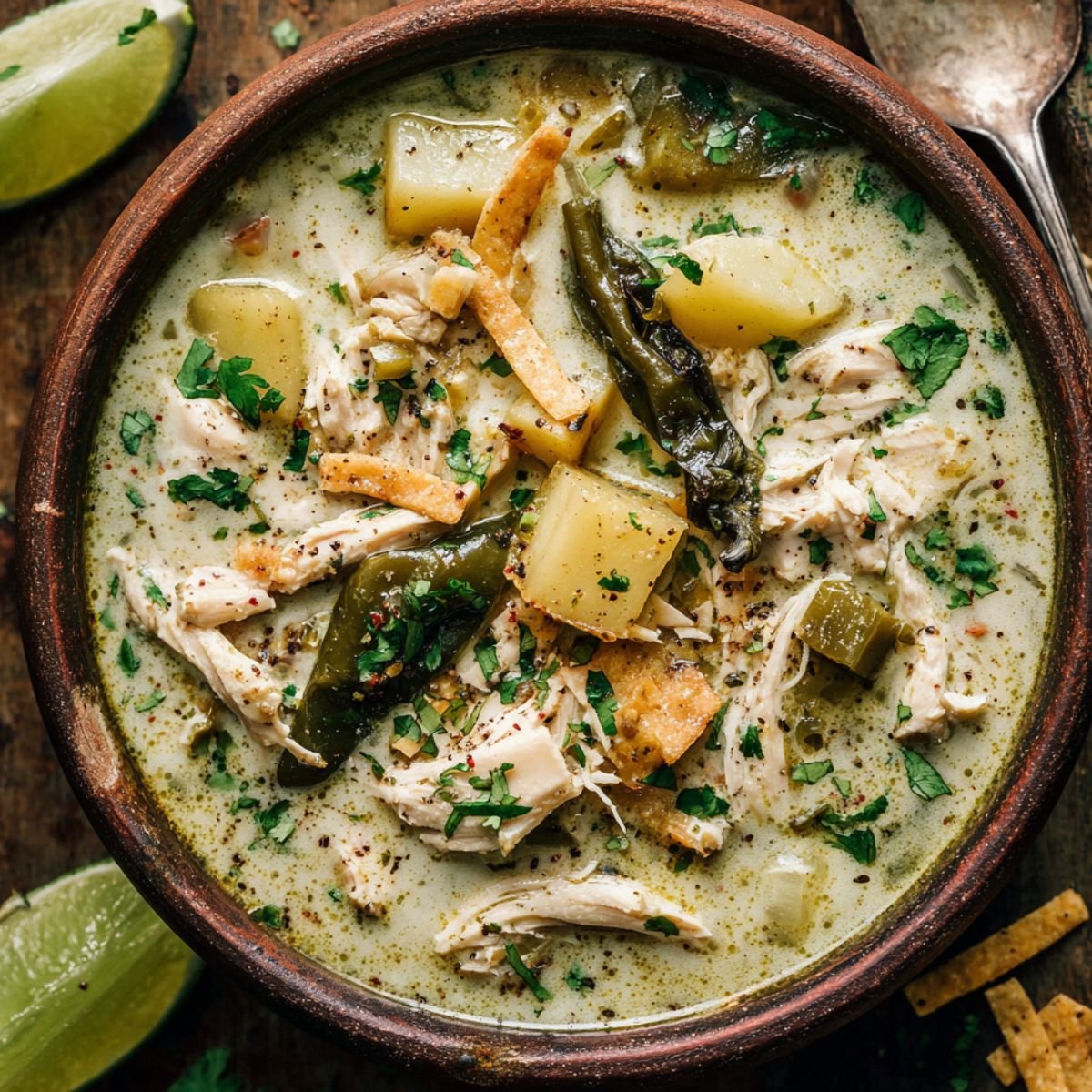 Creamy 40 minute chicken poblano soup with roasted poblanos tender chicken potatoes and fresh cilantro