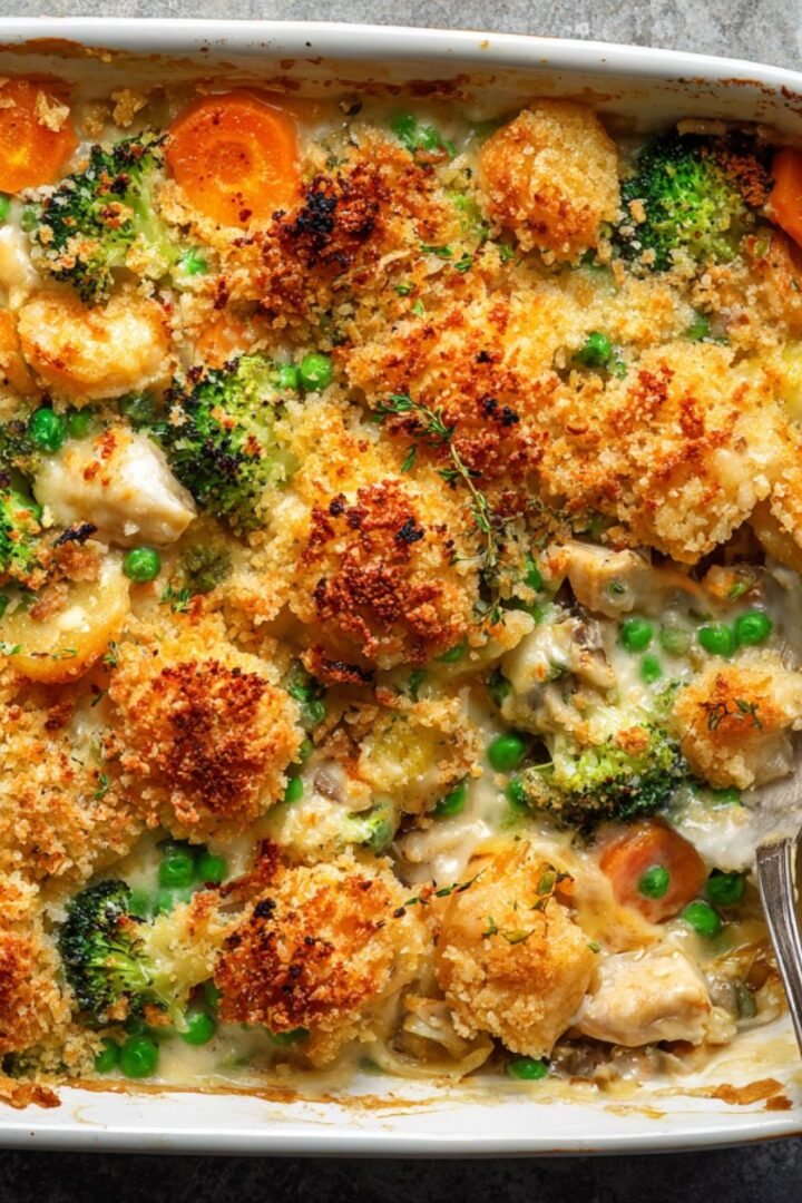 Creamy 45 minute chicken vegetable casserole with golden breadcrumb topping broccoli peas carrots in creamy cheese sauce