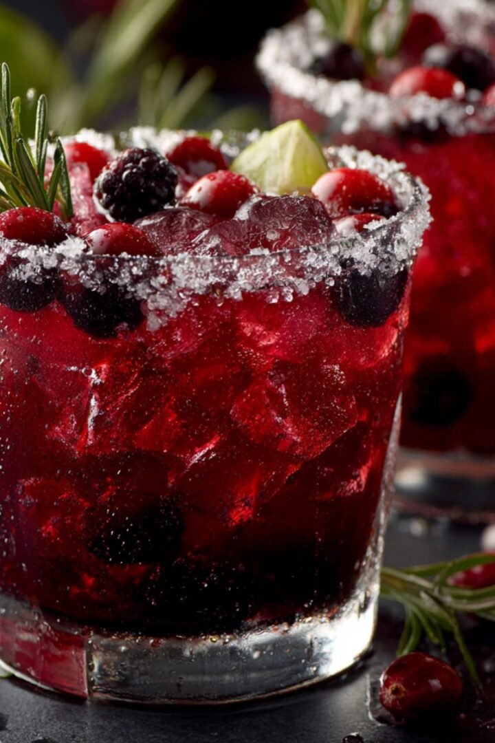 Sparkling 10 minute christmas punch recipes with sugar rim fresh berries and rosemary garnish in clear glasses