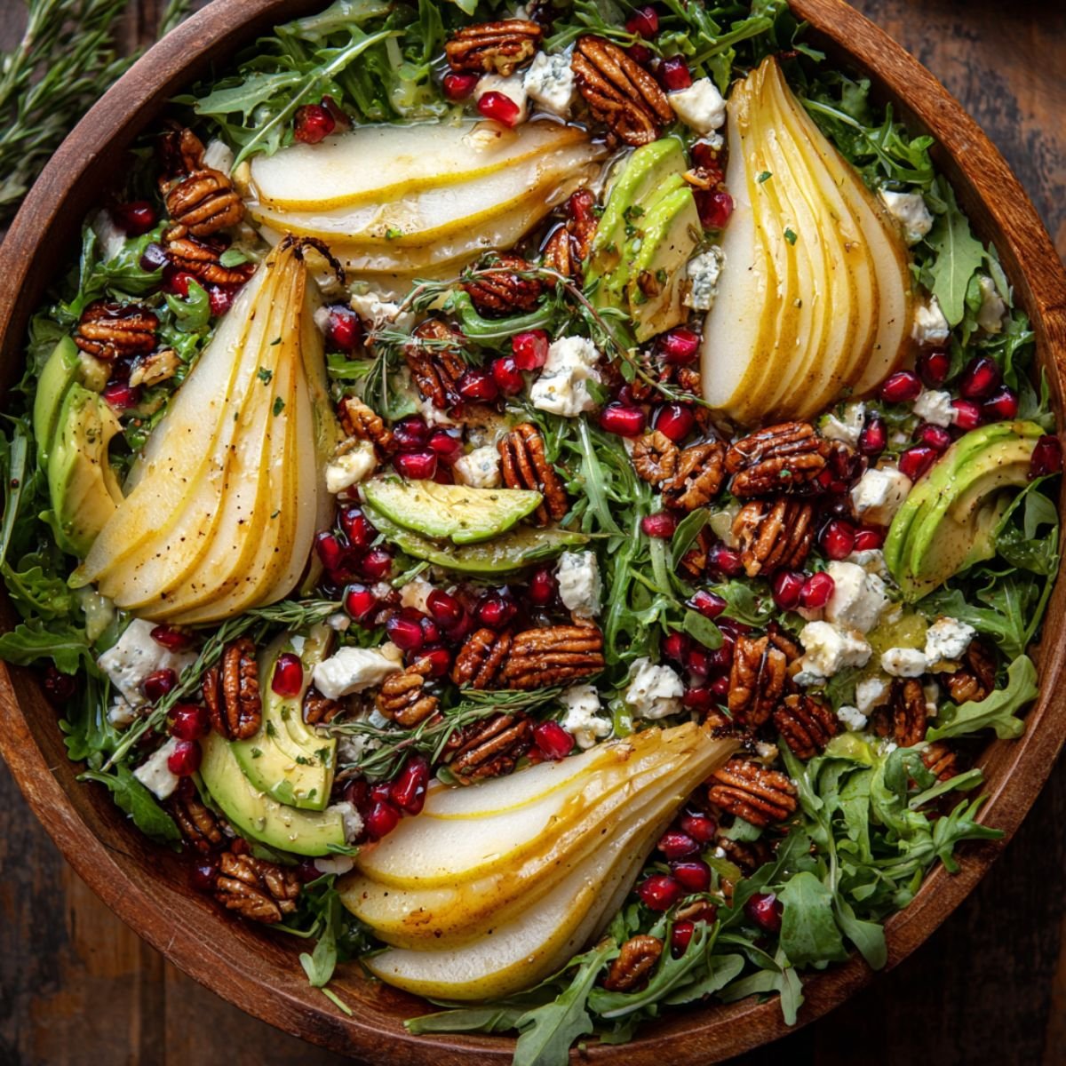 Festive 15 minute christmas salad with arugula pears pomegranate candied pecans goat cheese and avocado