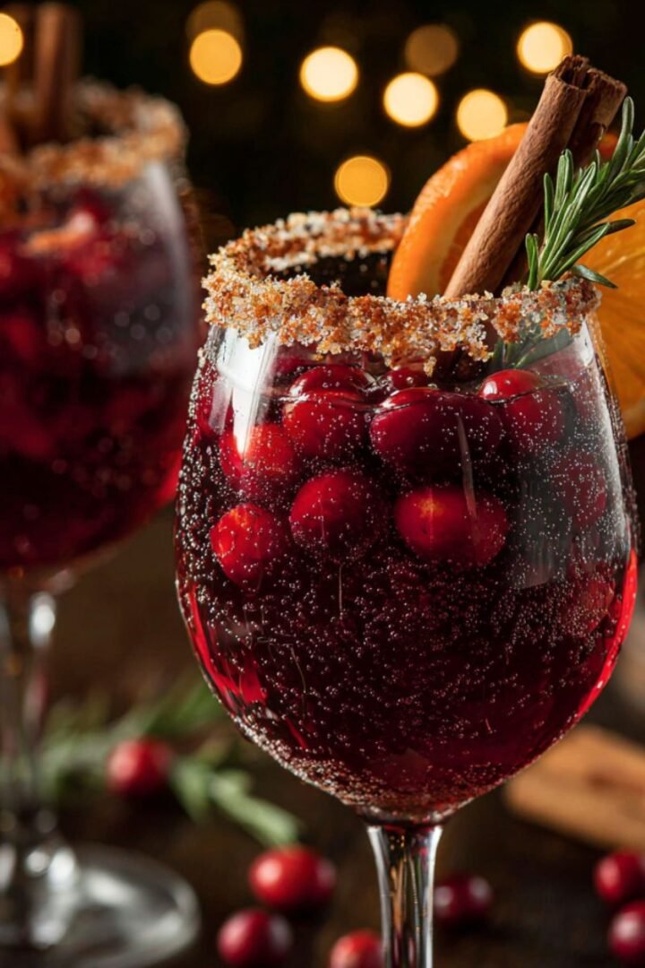 Festive 10 minute christmas sangria recipe with prosecco cranberry juice cinnamon sticks and sugar rim in wine glass
